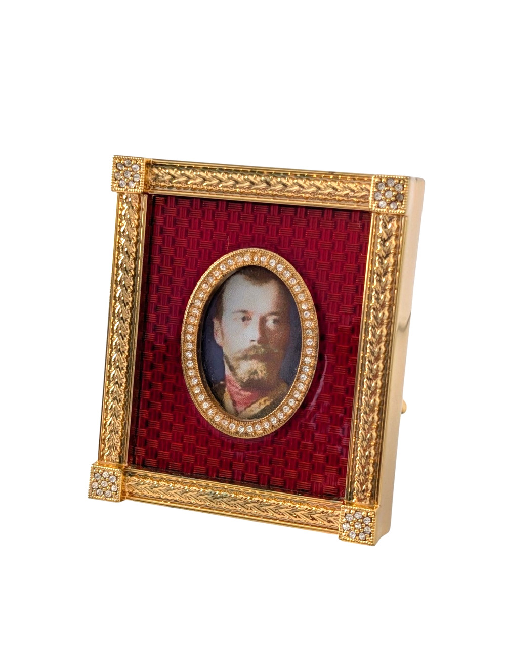 Faberge Red Guilloche Catherine Palace Signed Miniature Picture Frame Gold Plate